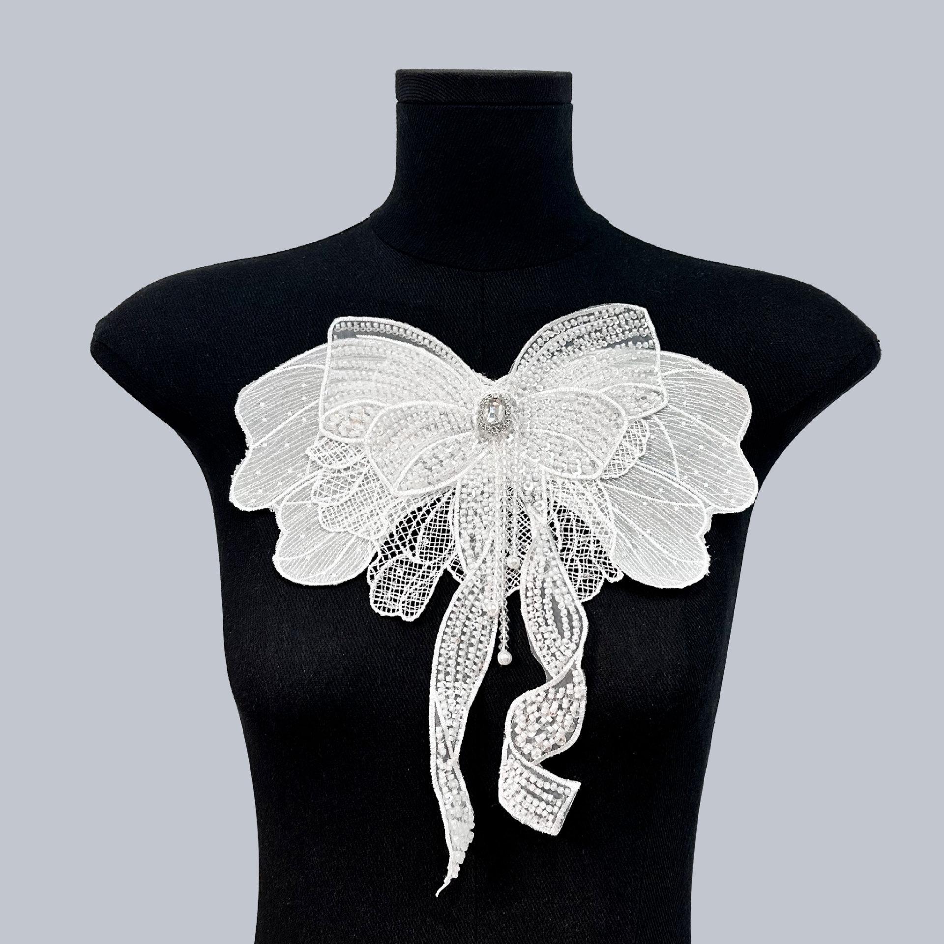 

Нежный белый многослойный ручной работы бисерный трехмерный бант тканевая наклейка кружевная отделка DIY аксессуары H8036 crystal beads