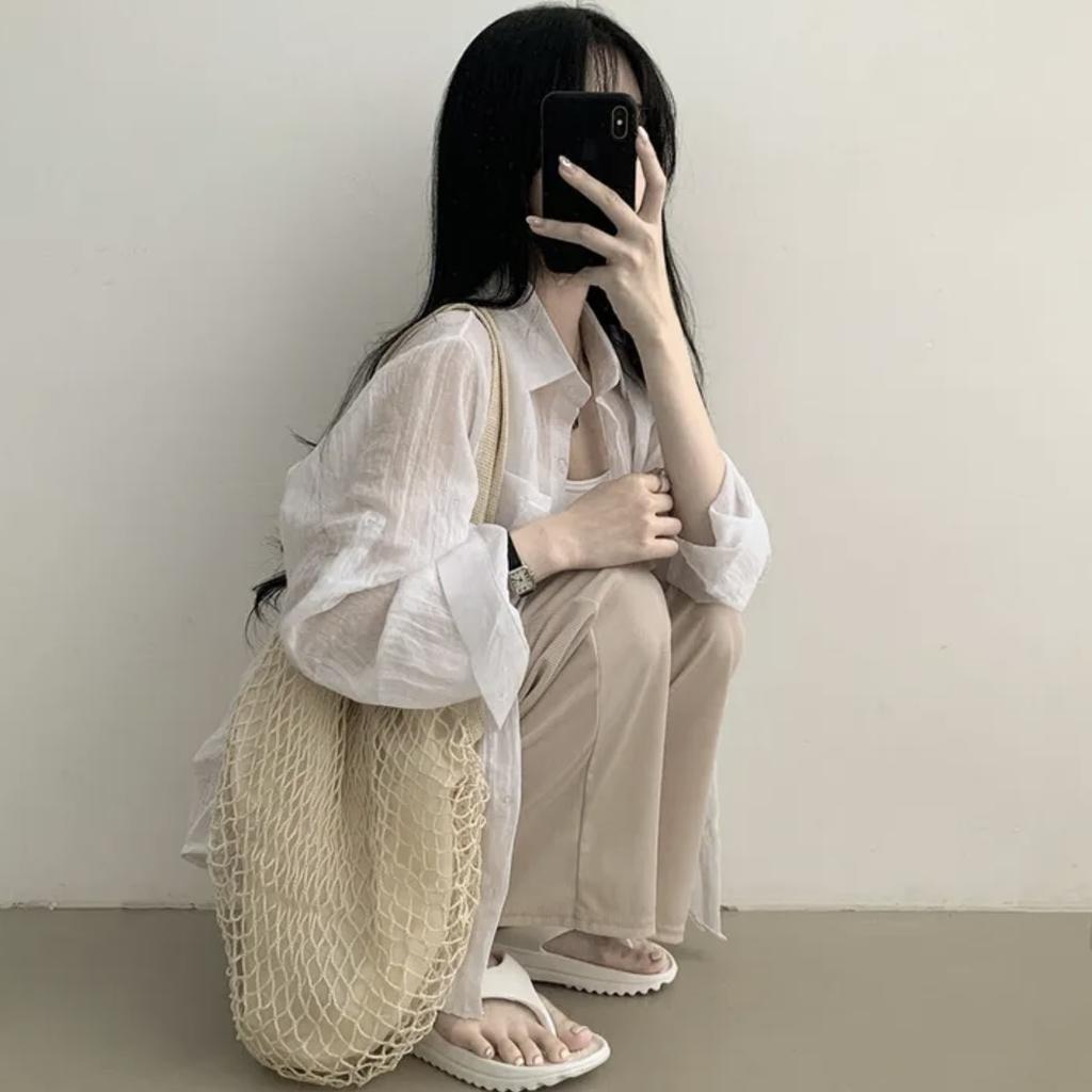Summer Ice Cream Color Loose Long Sleeve Women's Shirt Sun Protection Folded Design Commute Style Thin Material Pure Color