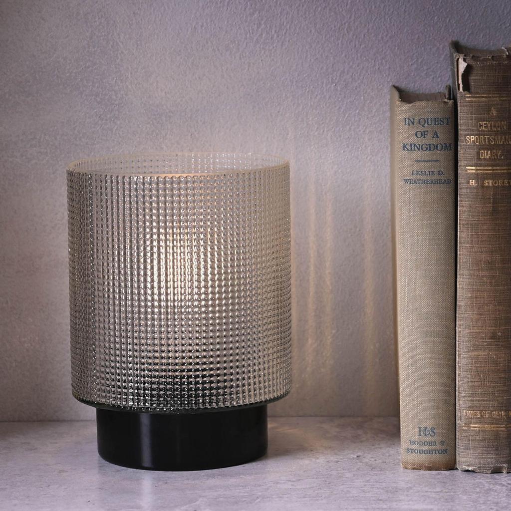 Hestia Battery Operated Textured Glass Lamp With Black Base 12cm X 16cm