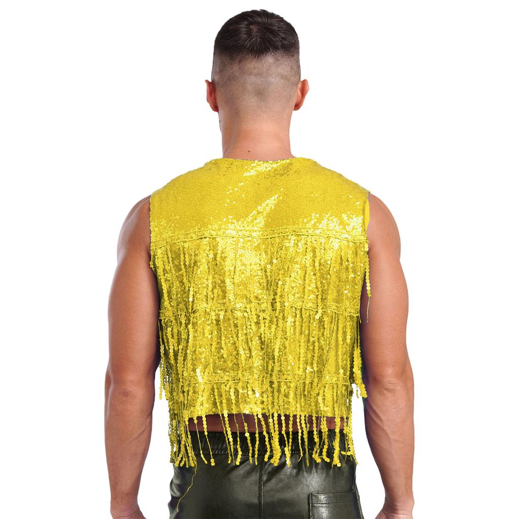 Mens Glitter Sequin Vest Sleeveless Tassel Waistcoat V Neck Open Front Dance Club Festival Partywear