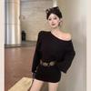 Autumn Khaki One-Shoulder Knitted Dress: Slimming Long-Sleeve Short Dress with Waist-Hugging, Hip-Wrapping Design.