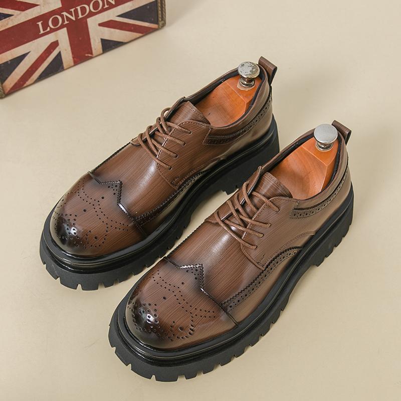 Fashion Retro Men Classic Brogue Leather Shoes Dark Brown Thick-soled Durable Lace-up Busines Office Shoes Social Shoes Men Sizes 38-46