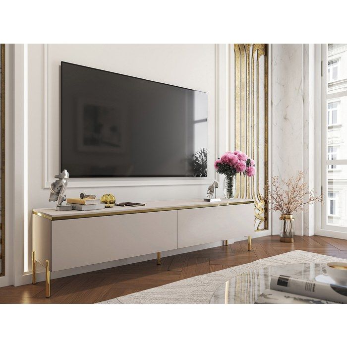 Meuble TV avec 2 portes - Beige et doré - VUKIA