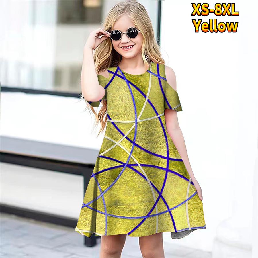 Girls Floral Line Pattern Print Dresses Kids Girl Party Off Shoulder Dress Princess Dress Short Sleeved Dress For Girl Over 4 Years