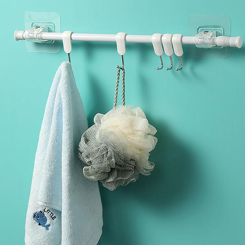 2Pcs Adhesive Wall Curtain Rod Holder Nail-Free Adjustable Clamp Hooks With Fixed Clip Hanging Rack