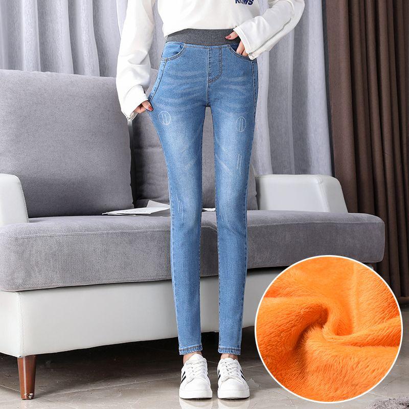 High Waist Skinny Pencil Jeans Mom Fall Winter Thicken Warm Denim Pants Casual Velvet Lined Vaqueros Big Size 38 Stretch Trouser