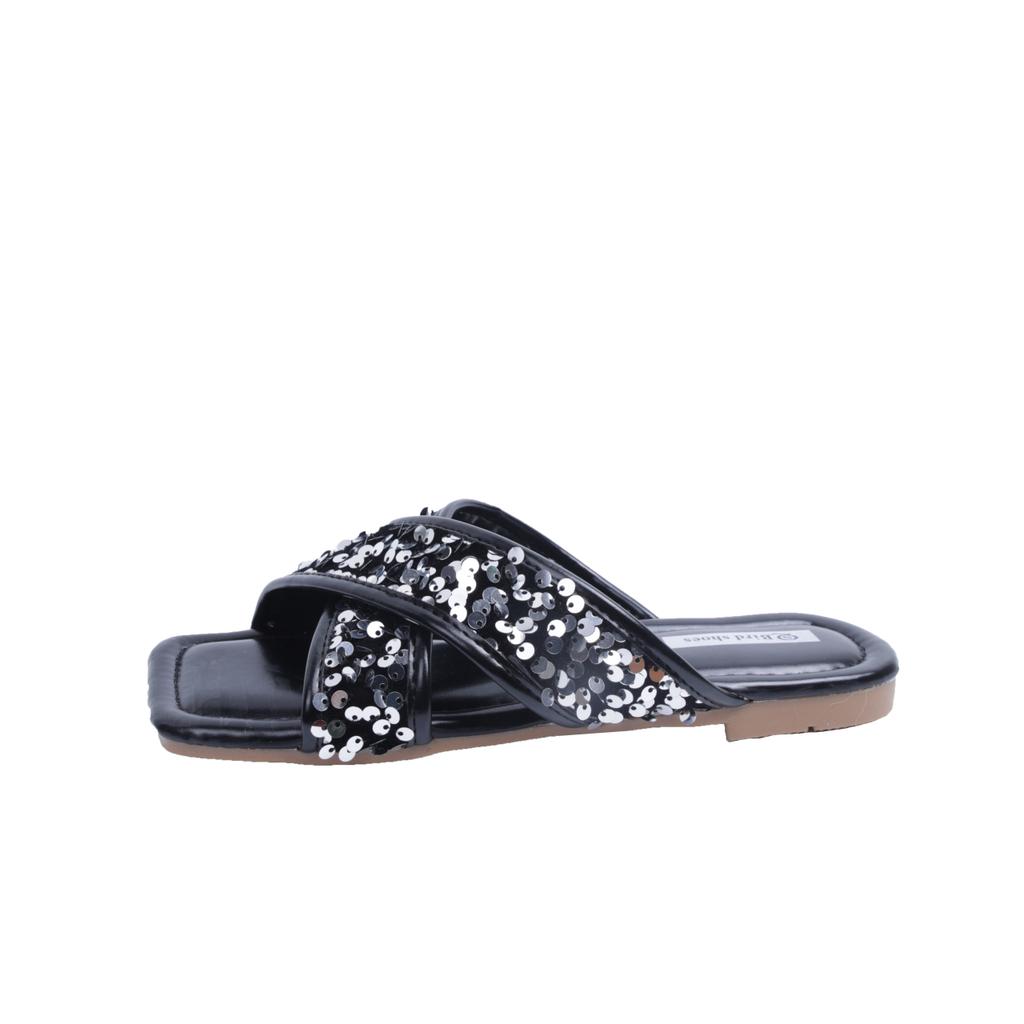 Fashion Aphixta Bling Sequined Decoration Flat With Slippers Cross Straps Casual Women Outside Slides Square Toe Summer Sandals Shoe