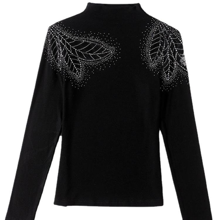 Halbhoher Halsausschnitt, Hohlboden-Shirt für Damen, Herbstkleidung, neue schwarze Innenbekleidung, modisches Bügel-T-Shirt, Strickoberteil