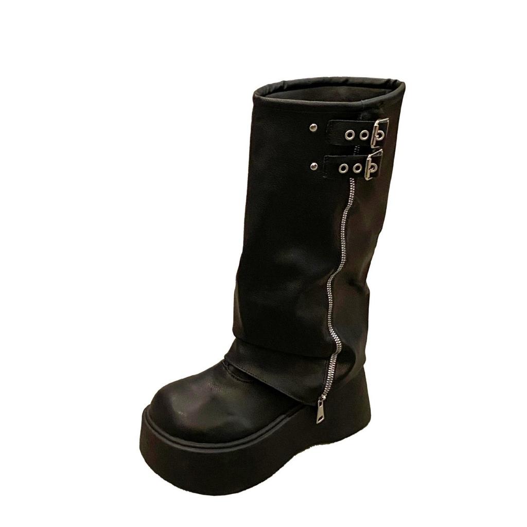 Thick-soled Martin Boots for Women's 2025 Autumn and Winter New British Style Round Head Short Boots for Small People with High Folds and Trouse