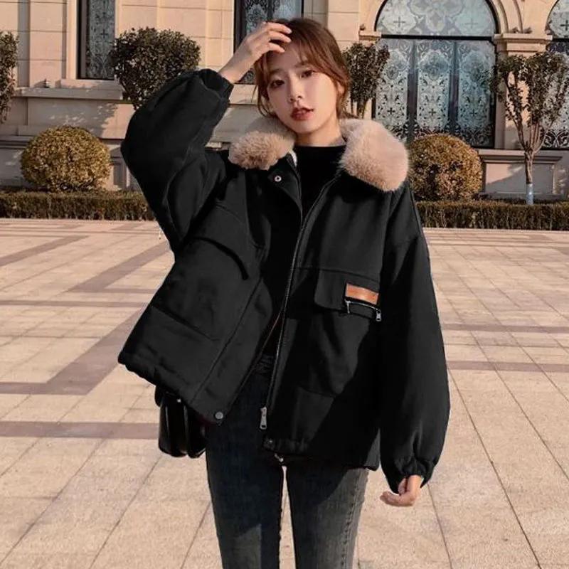 WTEMPO Casual Loose Plush Thick Coats Women's Short Winter Windproof Loose Parkas Large Size Warm Cotton Jackets