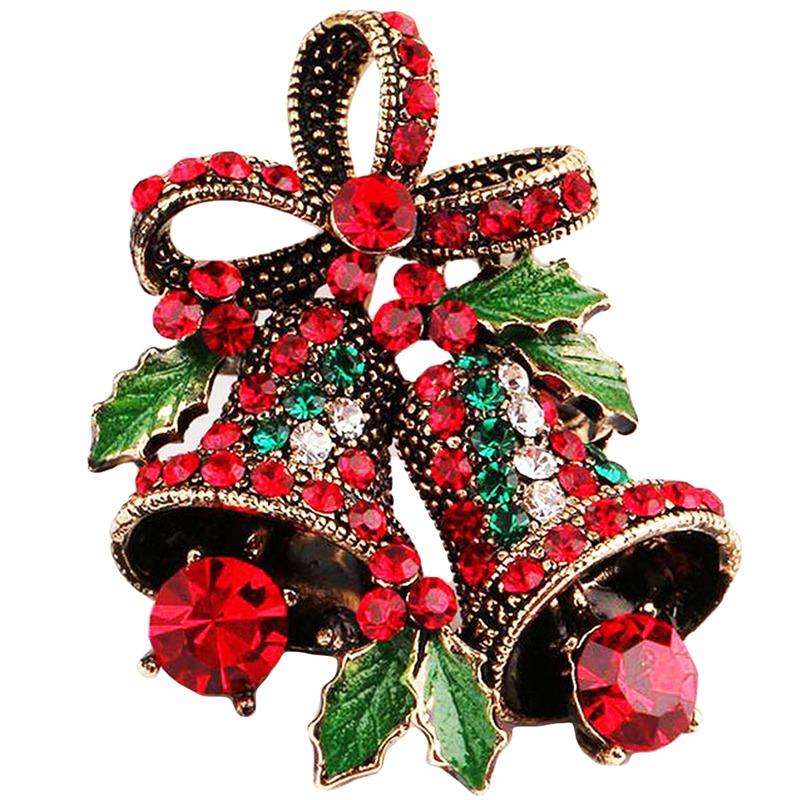 Christmas Vintage Bells Brooch Xmas Tree Shape Pins For Women Men Colorful Rhinestones New Year Jewelry Garment Accessories
