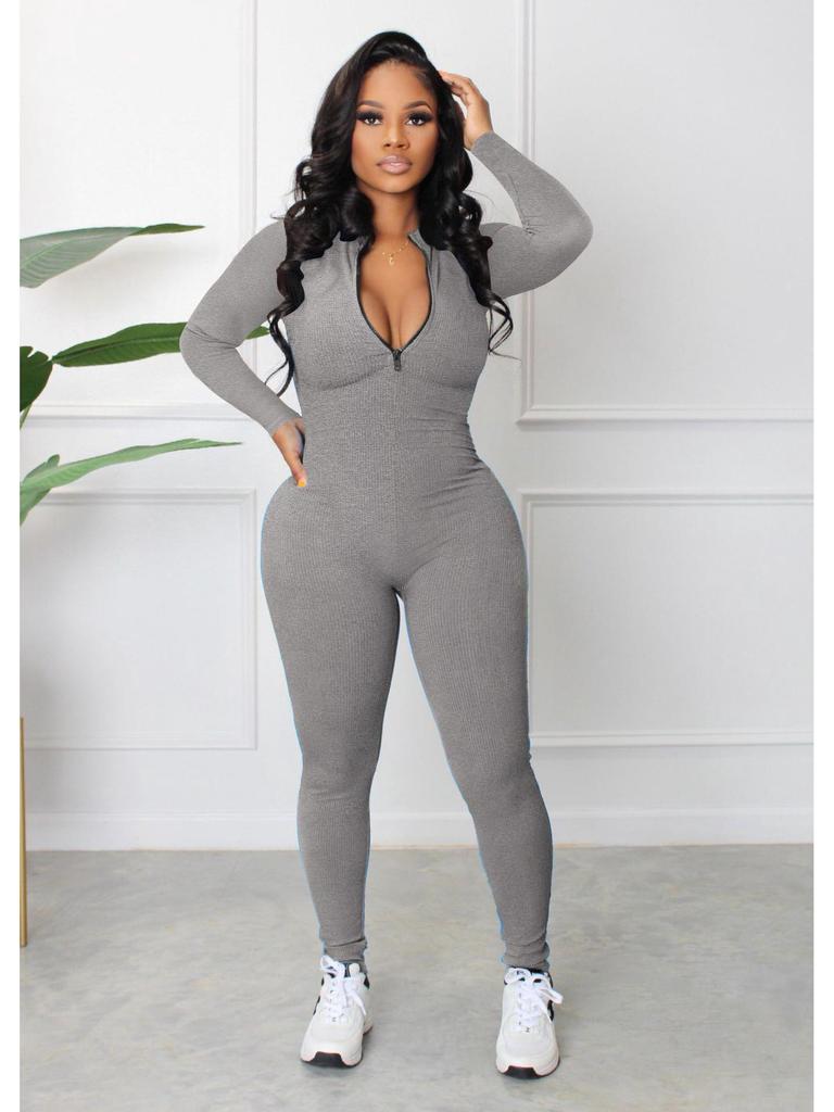 2022 Autumn European and American Pit Stripe Zipper Sports Jumpsuit