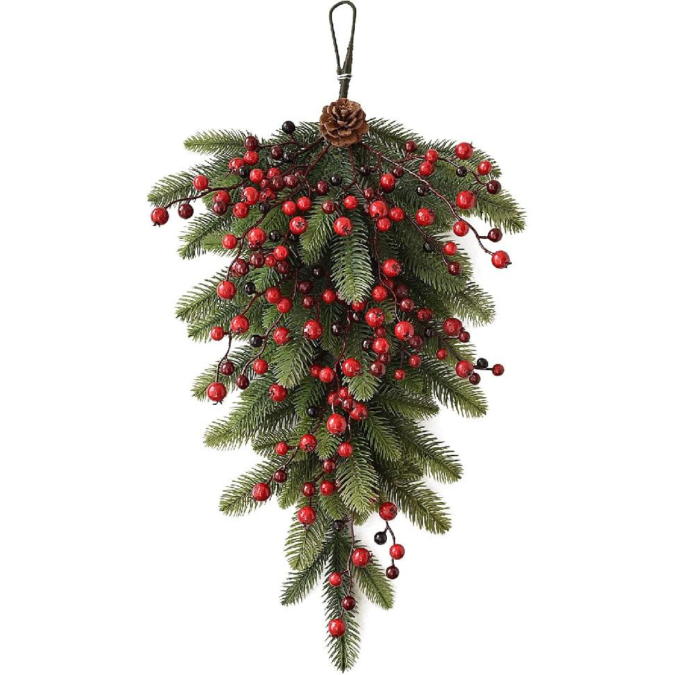 Artificial Christmas Teardrop Swag 27.6inch Door Swag Christmas Wreath with Red Berries Pine Cones Mixed Pine Swag for Holiday Wall Door Lintel
