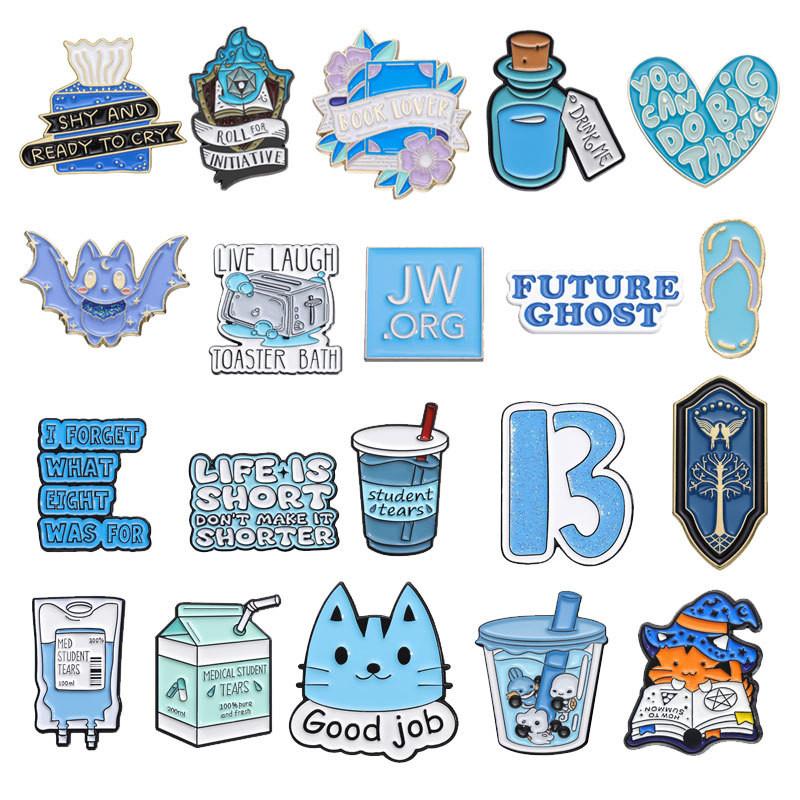 Cartoon Character Unique Brooch Set Playful Blue Enamel Metal Pins Assorted Styles For Unisex Accessories Fashion