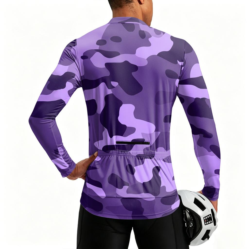 Men's Long Sleeve Cycling Jersey Breathable Quick Dry Zip Up Round Neck Printed Sports Shirt for Outdoor Activities