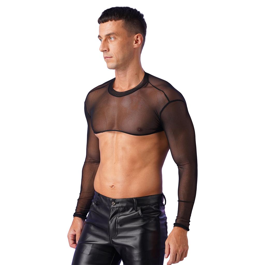 Mens See-Through Sheer Mesh Half Tank Tops Shirts Long Sleeve Body Chest Harness Crop Top Sexy Tanks Arm Sleeves Shrug Clubwear