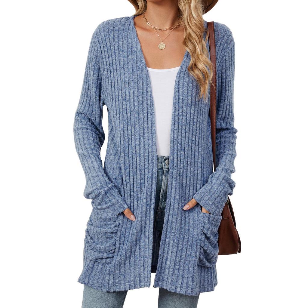 2024 Autumn/Winter Solid Color Long-Sleeve Pocket Cardigan Knitwear