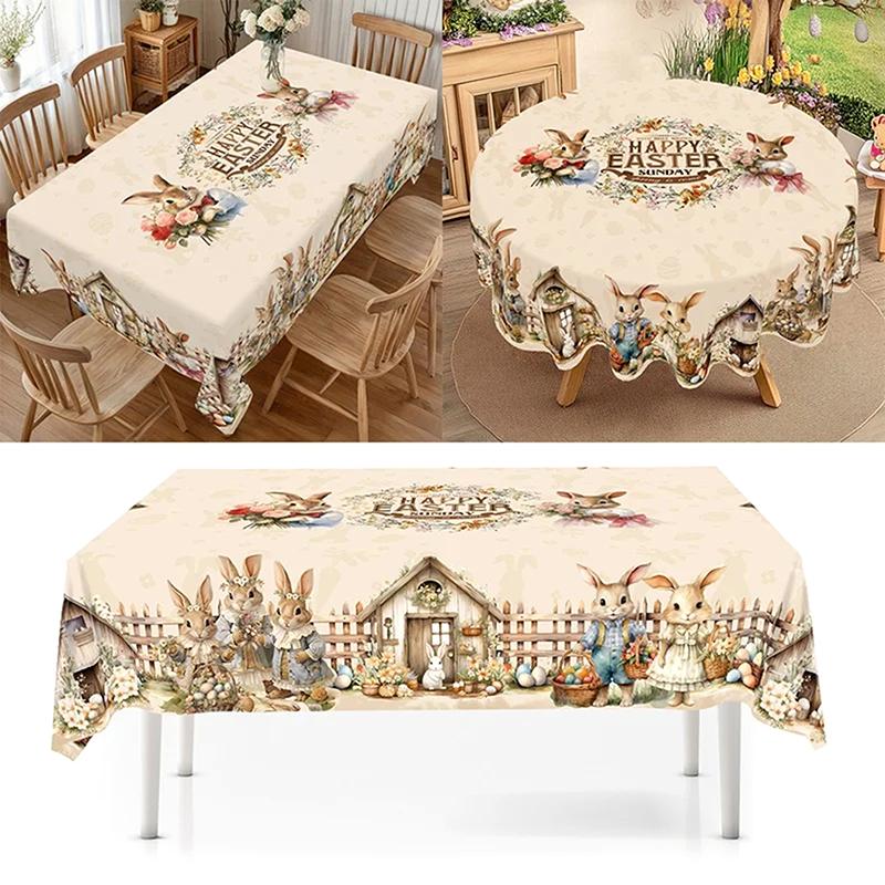 Vintage Easter Bunny Eggs Tablecloths Holiday Party Decor Spring Floral Rectangle/Round Table Cover Easter Decorations For Home