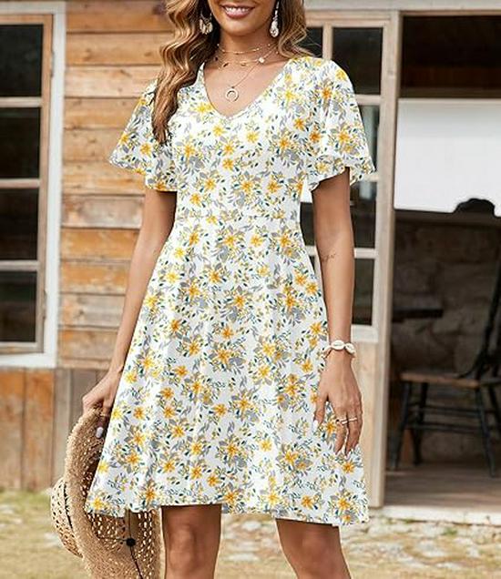 2025 Summer Floral Ruffle Mini A-Line Dress Extra Large жёлтый