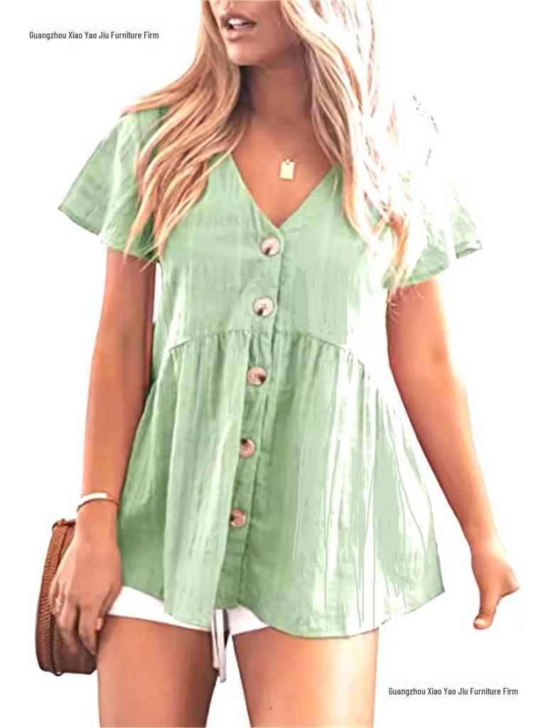 European Summer Women's V-neck Cotton Linen Shirt Dress - Short Sleeve, Pleated, Solid Color Beach Cover-up
