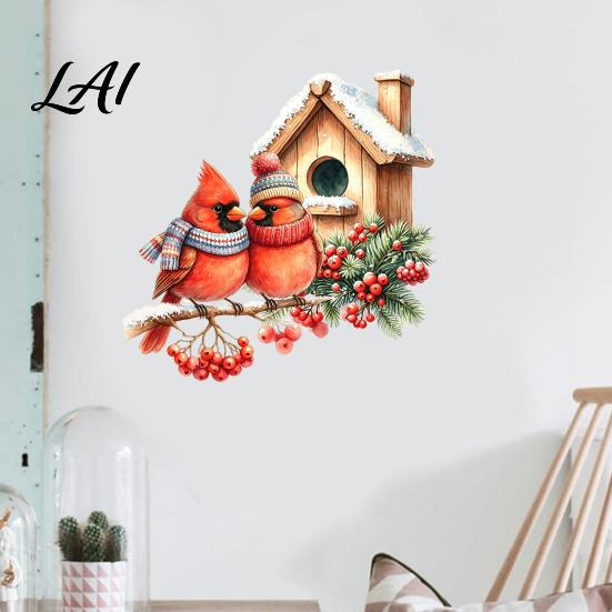 Bird Wall Decals Christmas Sticker Watercolor PVC Decal Waterproof Winter Decorative Theme Window Cling for Glass Doors And Storefronts Festive Door