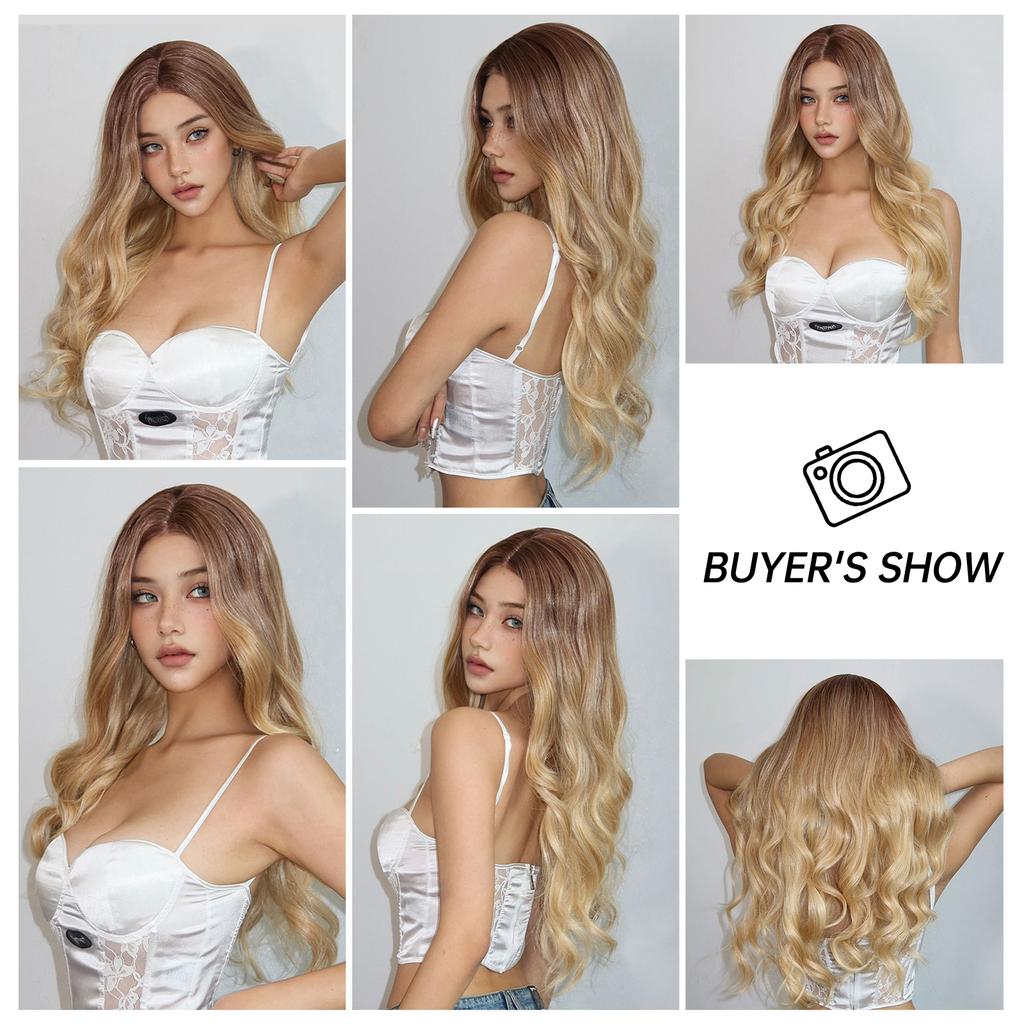 Synthetic Hairline Lace Wigs Blonde Long Body Wavy Cosplay Wig Middle Part Natural Wave Party Lolita Lace Frontal Wigs for Women