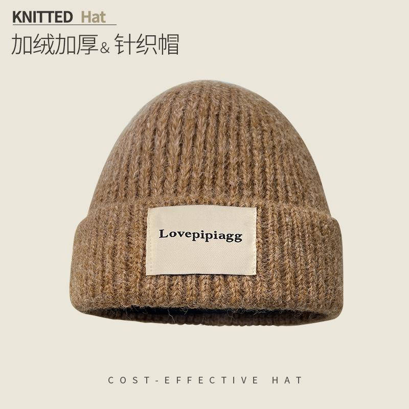 Cloth Label Alphabet Wool Hat Women'S Season Versatile Windproof Cold Hat Warm Ear Protection Big Head Circumference Knitted Hat