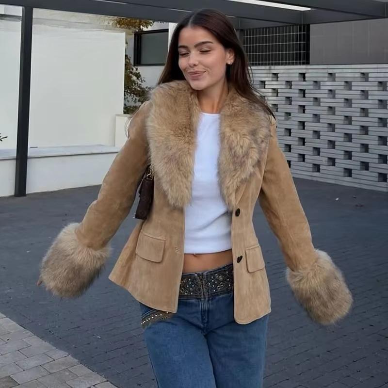 Faux Fur Suede Blazers Women Faux Leather Women's Tailoring Blazers Winter Blazer Fitted Coats Jacket
