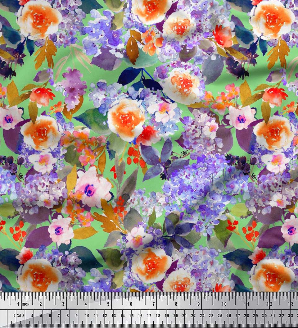 

Soimoi Japan Crepe Satin Fabric Flower & Leaves Watercolor Print Тканина на метр 42 дюйма 42 Inch Wide - Poly Crepe зелений