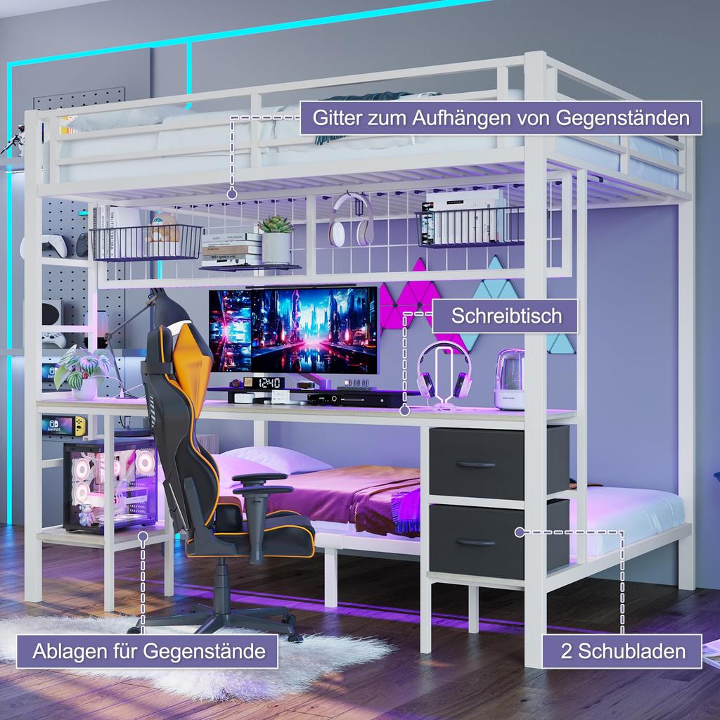 Bunk Bed 90x200 & 140x200 Cm LED Lighting USB Ports Drawers Shelves Hanging Shelves Metal Frame White (without Mattress)