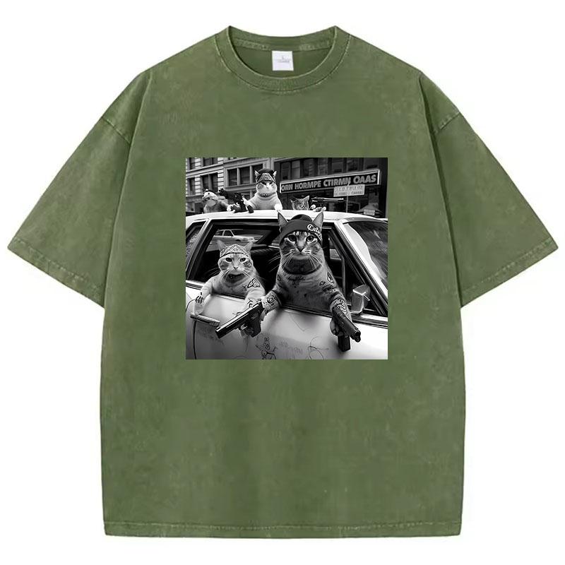 

Streetwear Cat T Shirt Vintage Washed Cotton T-Shirt Hip Hop Graphic Tee Casual Streetwear Spring Summer S