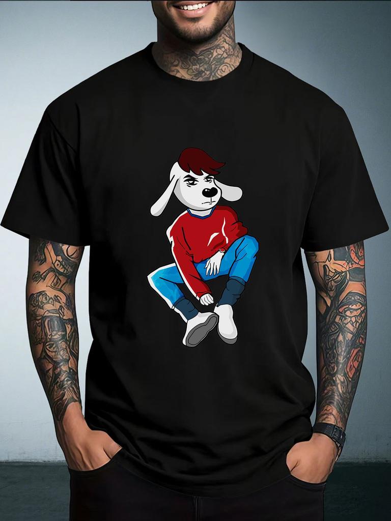 Unisex White Tee Cool Hip Hop Style Cartoon Dog In Red Top Blue Pants Graphic Crew Neck Loose Casual Male Daily Tops