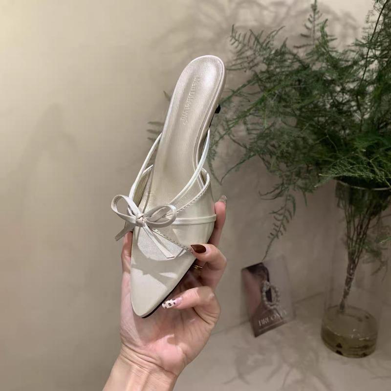 Female Pointed Toe Ladies Low Heel Pumps Shoes Slip On Footwear Shallow Fashion Butterfly-Knot Women Thin Heel Shoes Slides