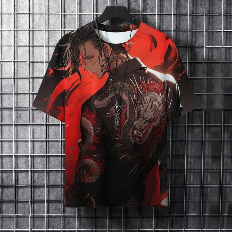 Pánské tričko s 3D potiskem a kresleným zvířecím potiskem, stylové, s grafickým potiskem a samurajskými tetováními, trendy, ležérní, Harajuku, streetwear, hip hopové tričko.