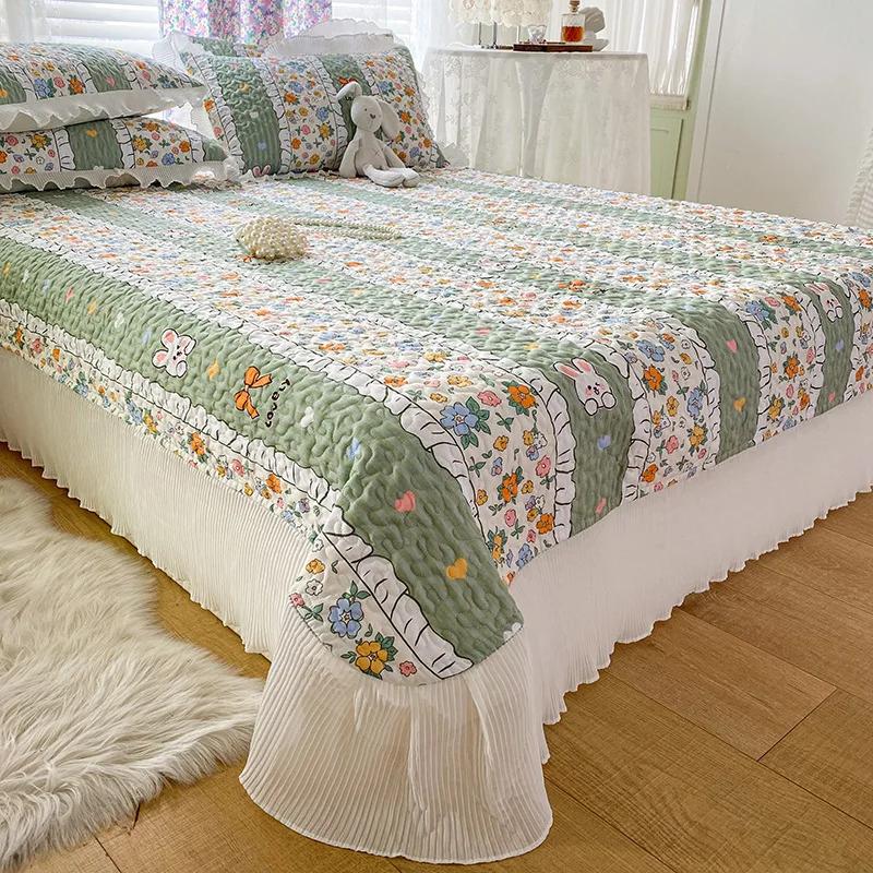 Princess Style Chiffon Lace Double Bedspread Queen Sandwich Cotton Quilted Bed Cover Home Bed Spread Not Included Pillowcase