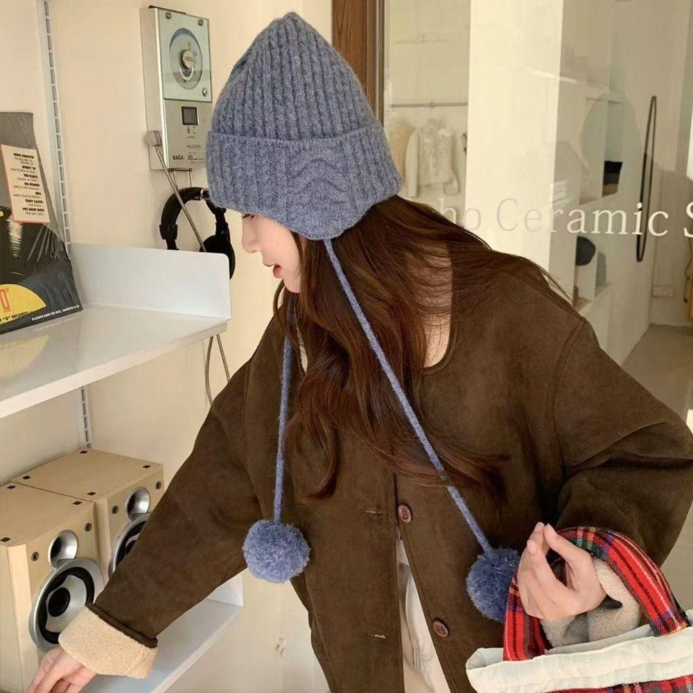 Windproof Y2k Knitted Cap Thick Beanie Hats Japanese Pom-pom Knit Cap  Outdoor
