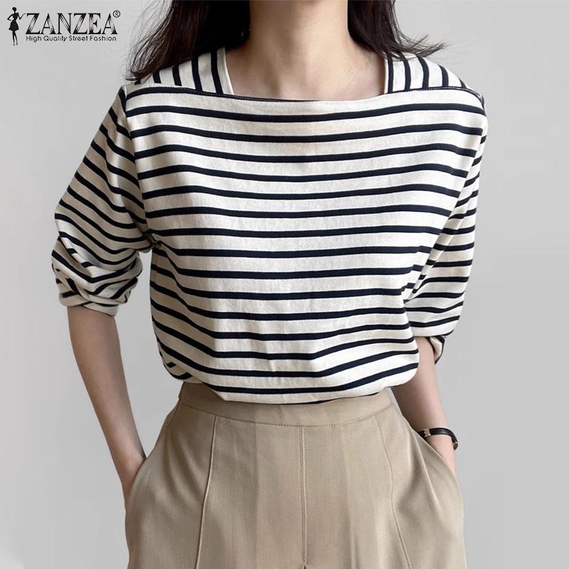 ZANZEA Women Casual Square Collar Long Sleeve Stripe Blouse