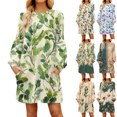Fashion Womens Long Sleeve A Line Dress Fall Casual Pullover Crewneck Loose Fit Dress With Pockets