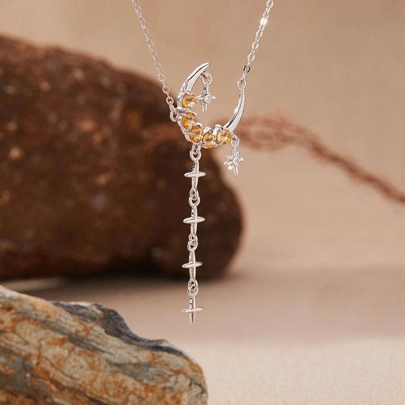 Natural Citrine Color Sapphire Pendant Necklace Women'S S925 Silver Color Treasure Jewelry Moon Star Design