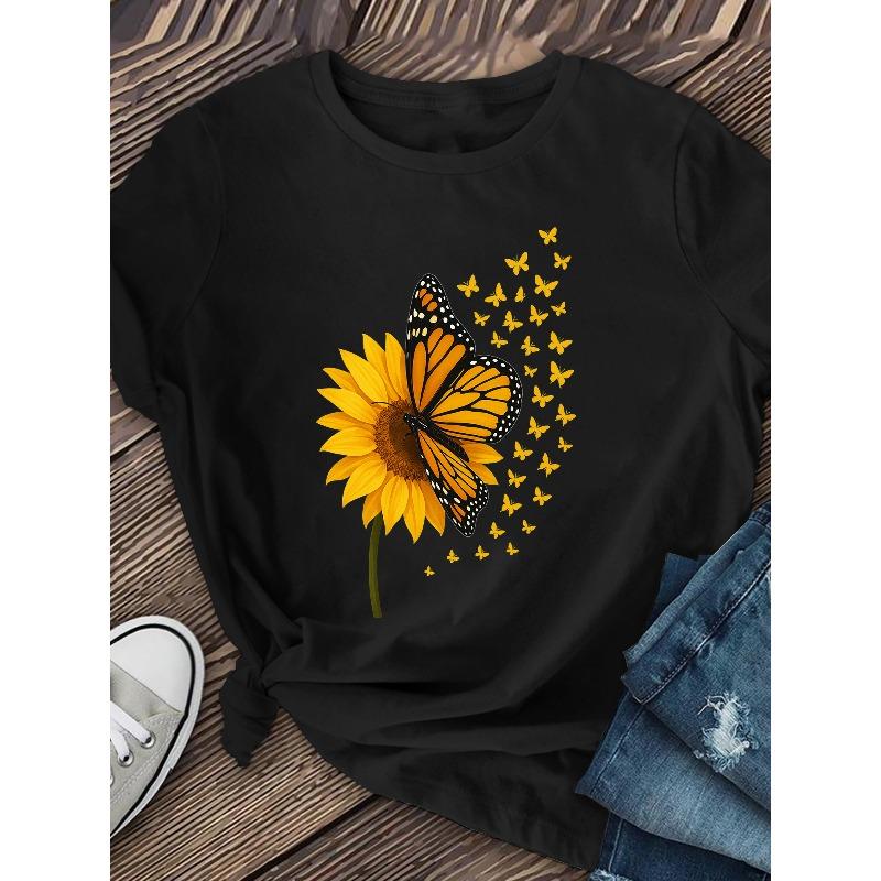 European Size Sunflower and Butterfly Printed T-shirt, Round-neck Short-sleeved T-shirt, Fashionable Style, Patterned Printed Round-neck T-shirt