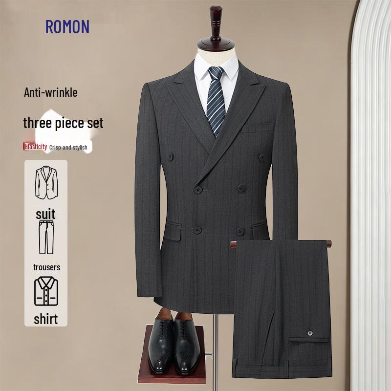 Romon Men s Slim Fit 3-Piece Striped Business Suit Set 180A