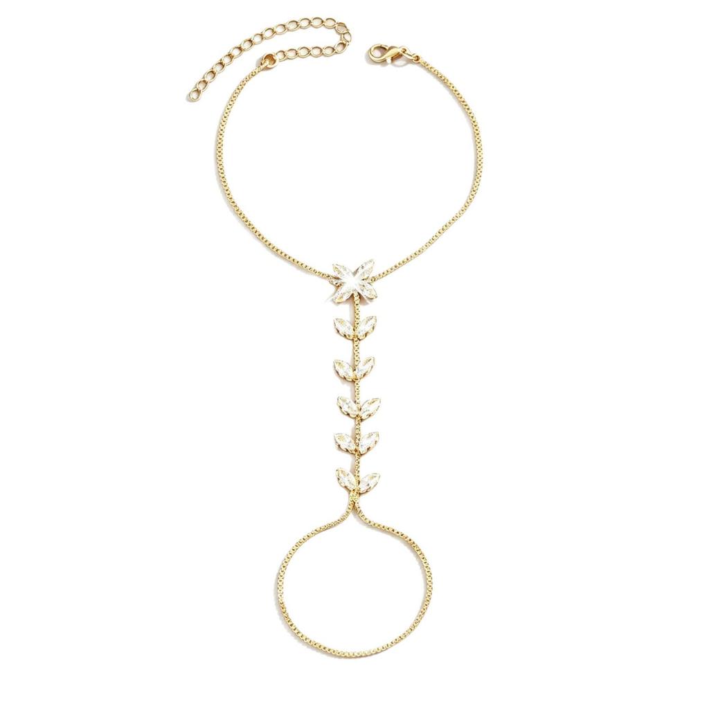Eco-friendly Crystal Leaf & Zircon Flower Bracelet with Finger Chain for Women - Fashionable and Versatile.