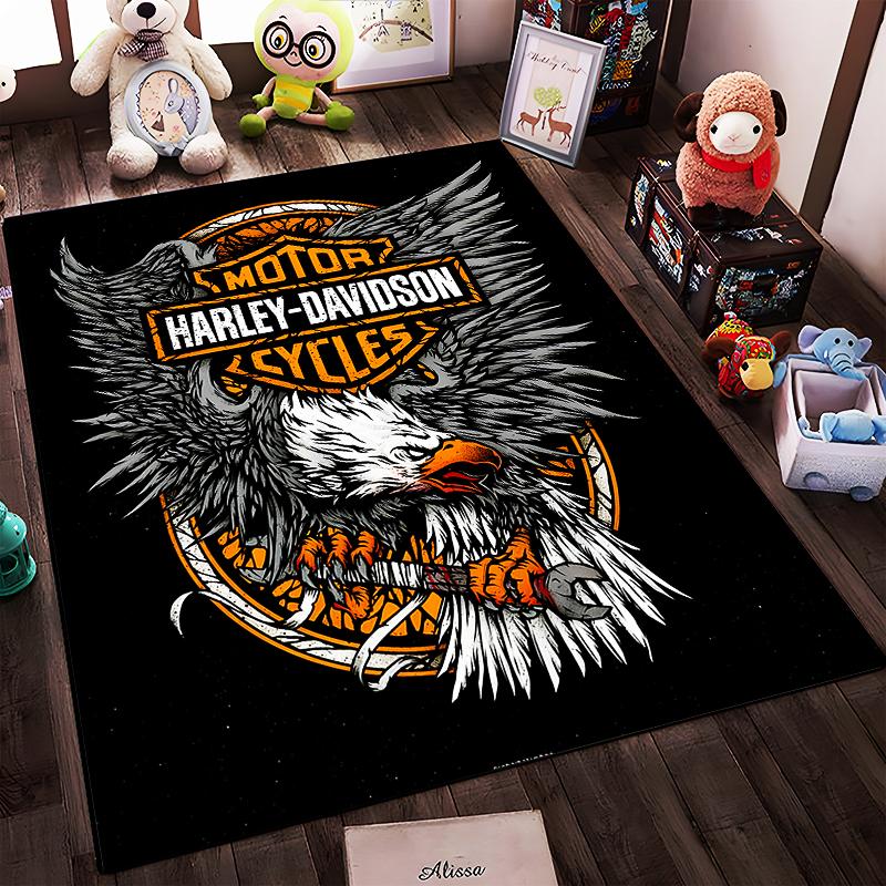 Motorcycle Eagle Carpet with Harley-Davidson Logo, Black and Orange Suitable for Use As an Anti-slip for Living Room Bedroom Sofas