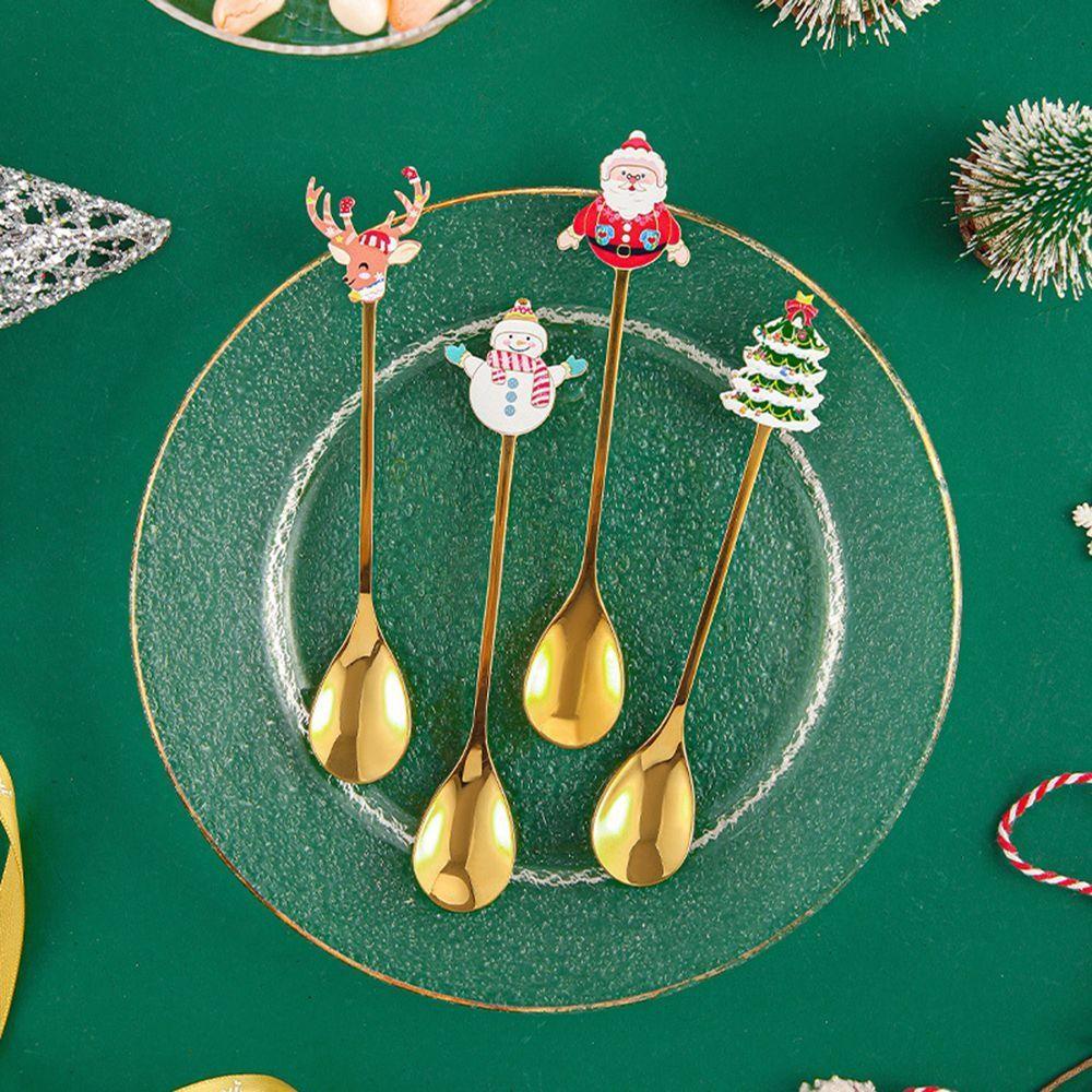Plated Design Christmas Stirring Spoon 4PCS Set Holiday Tableware Set New Year Party
