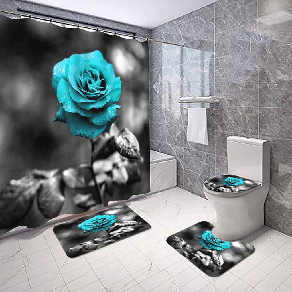 Blue Rose Flowers Waterproof Bathroom Shower Curtain Set Polyester Toilet Seat Cover Bath Nonslip Mat Rug Carpet Home Decor