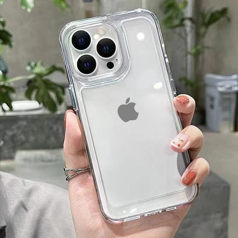 Simplicity Phone Case for iPhone 15 14 13 12 11 Pro Max Plus Acrylic Hard Bumper Transparent Back Cover with Silver Button