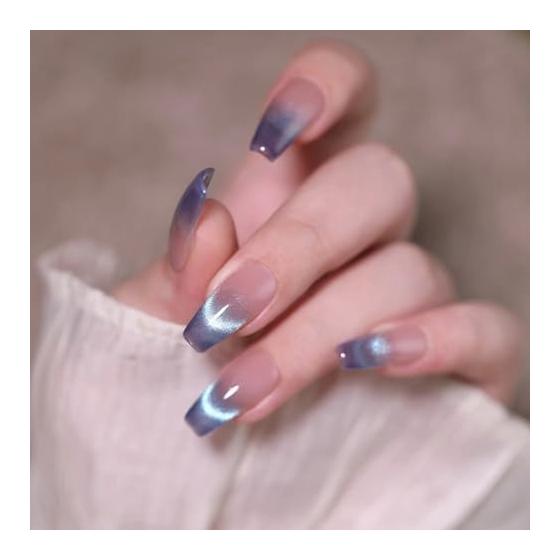 Nail Tips, Long False Nails, Stylish, Cat Eye Stone, Long Nail Tips, 24 Pieces, Shiny, Glitter, Japanese Style, Cute, Simple, Popular Nail Tips, Fake