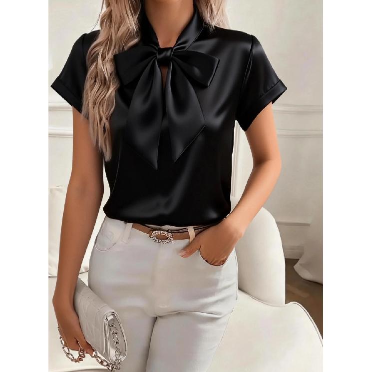 2026 Spring/Summer Solid Color Women s Short Sleeve Bow Satin Blouse Shirt Top S чёрный