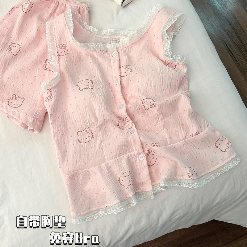 With Chest Pad Vest Shorts Pajamas Women's 1011 New Summer Cloud Cotton Sweet Cartoon Lace Loungewear Set