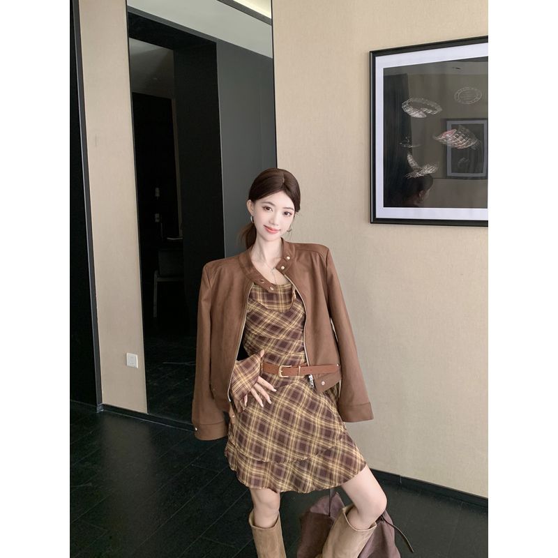 Kumikumi Retro Set Slimming Long sleeve Outerwear Women Autumn Irregular Plaid Long sleeve Dress Two-piece Set